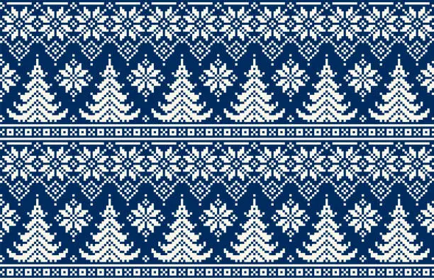 Vector illustration of Winter Holiday Pixel Pattern with Christmas Trees. Traditional Nordic Seamless Striped Ornament. Scheme for Knitted Sweater Pattern Design or Cross Stitch Embroidery.