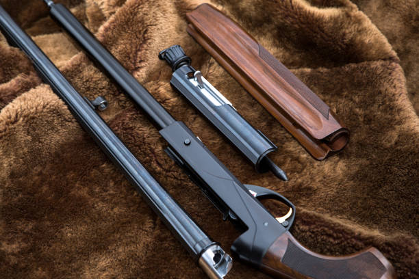 разобранный 12-го калибра охотничьего ружья лежи�т на коже - ramrod стоковые фото и изображения