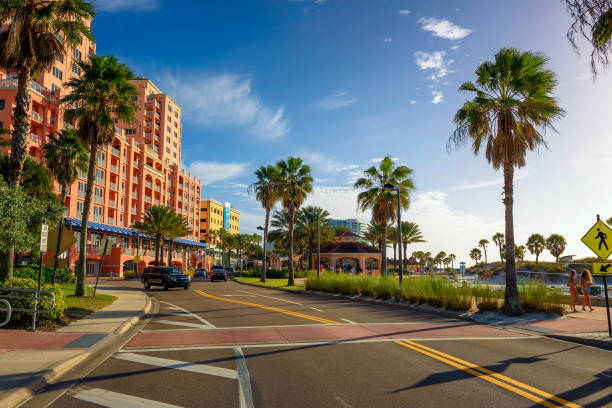 Hyatt Regency Clearwater Beach Resort and the Gulfview Blvd, Florida Clearwater, Florida, USA - January 11, 2020 : Hyatt Regency Clearwater Beach Resort with spa and the Gulfview Blvd located in Florida. clearwater florida photos stock pictures, royalty-free photos & images