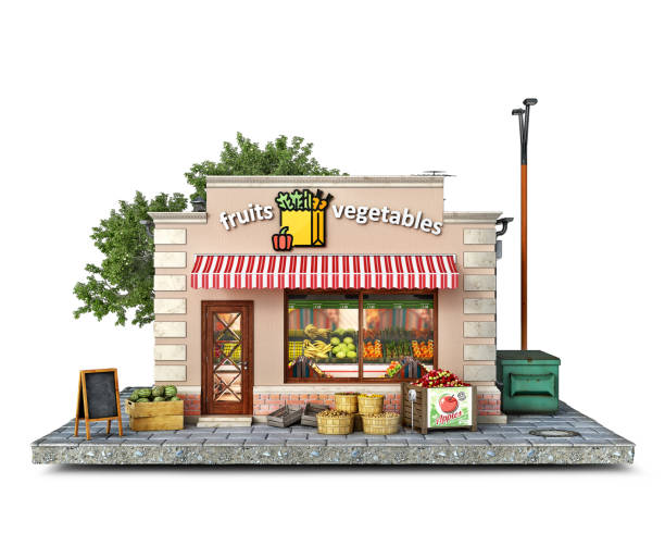 istock Front view on a fruit and vegetables market building, 3d illustration 1279302783