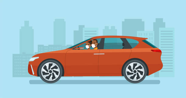 Modern electric CUV car with a young afro man and woman in a medical mask driving on a background of abstract cityscape. Vector flat style illustration. Modern electric CUV car with a young afro man and woman in a medical mask driving on a background of abstract cityscape. Vector flat style illustration. african american male model stock illustrations