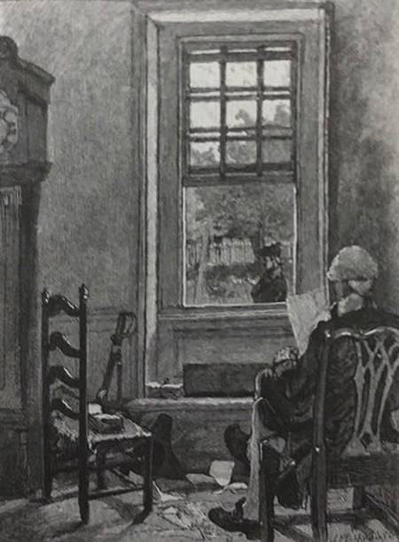 istock Antique illustration - George Washington sitting indoors by a window writing papers 1279309925
