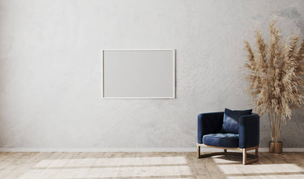 istock Blank white horizontal poster frame mock up on gray wall in modern living room interior with dark blue armchair and wooden floor, scandinavian style, luxury, 3d rendering 1279310152