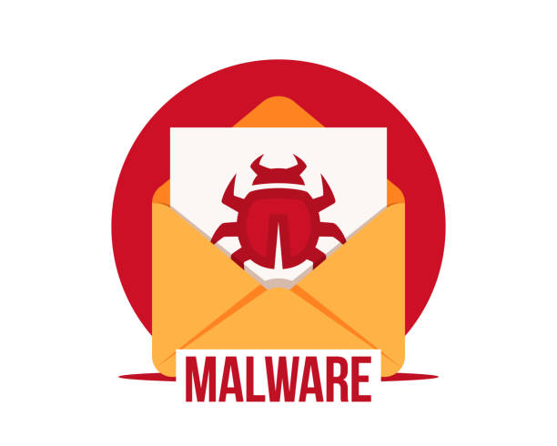 Malware by email vector icon. Virus in the letter. Virus, malware, email fraud, e-mail spam, phishing scam, hacker attack concept Malware by email vector icon. Virus in the letter. Virus, malware, email fraud, e-mail spam, phishing scam, hacker attack concept. Cyber crime computer bug stock illustrations