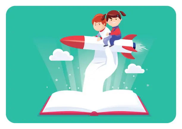 Vector illustration of kids riding on rocket with book