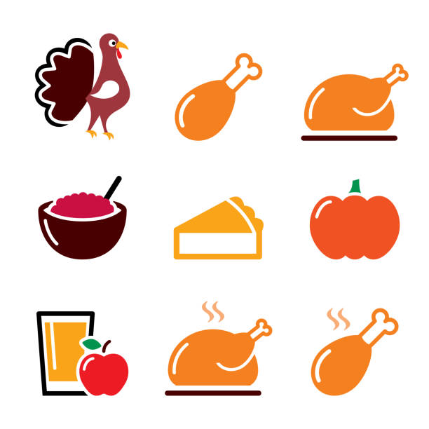 Thanksgiving Day food icons set - turkey, pumpkin pie, cranberry sauce, apple juice design in color Celebrating Thanksgiving - design elements isolated on white cranberry sauce stock illustrations