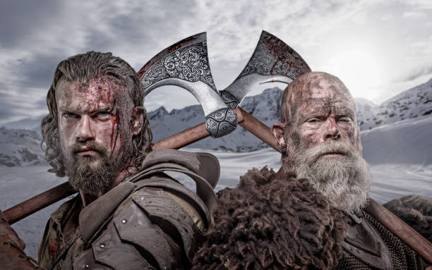 istock Two Bloody Viking warriors in studio shot 1279313078