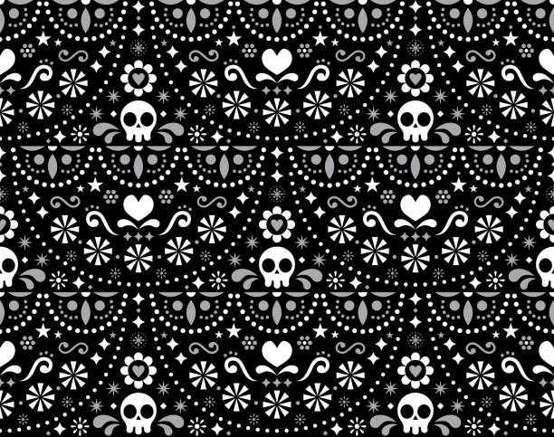 두개골, 할로윈 장식, 꽃과 추상적 인 모양, 검은 배경에 흰색 섬유 디자인멕시코 민속 예술 벡터 원활한 패턴 - sugar skull stock illustrations