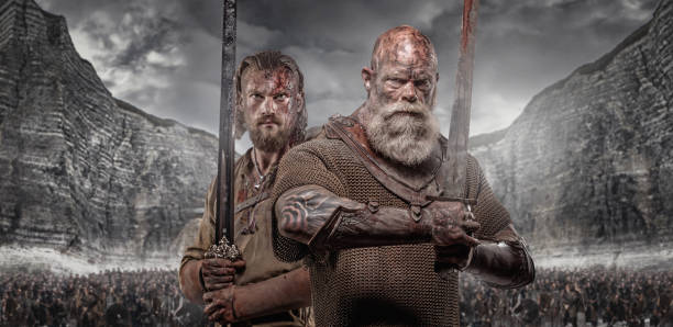 istock Two Bloody Viking warriors in studio shot 1279313339