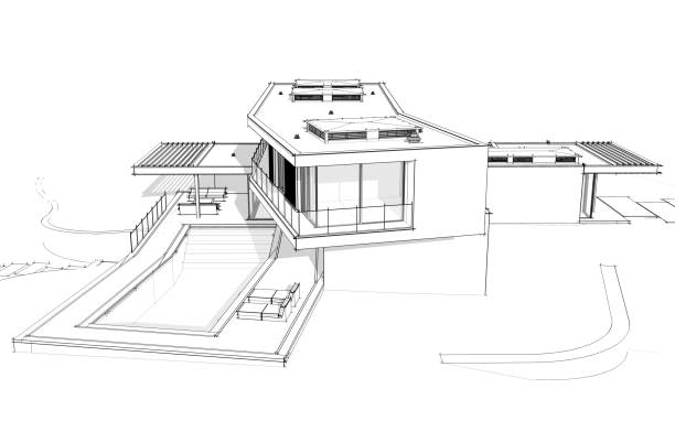 istock 3d rendering of modern house on the hill with pool black line on white background 1279313380