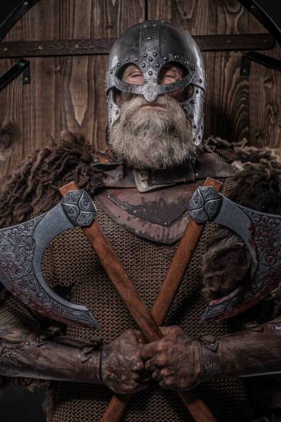 istock Older bloody Viking Odin warrior in studio shot 1279313576