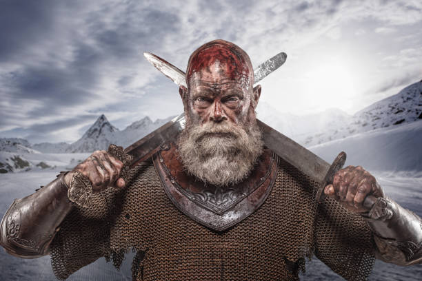 istock Older bloody Viking Odin warrior in studio shot 1279314847