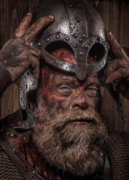 istock Older bloody Viking Odin warrior in studio shot 1279314882