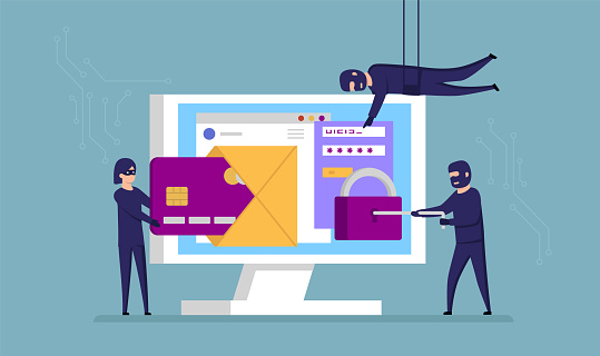 Fraud And Scammers Concept. Cartoon Scammers In Masks Use All Kinds Of Sneaky Approaches To Steal Your Personal Details To Use Your Credit Card Or Open A Bank Account. Flat Style Vector Illustration.