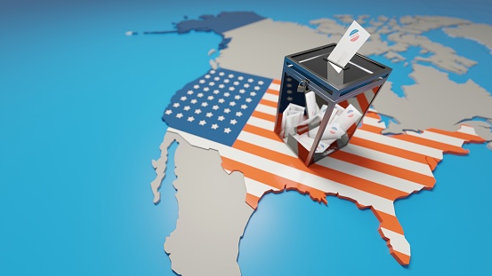 US elections, ballot box over a map of USA with stars and stripes. Abstract concept background with negative space. Digital 3D render.