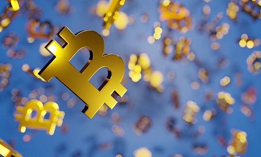 Crypto gambling concept background. Golden bitcoin sign, lucky jackpot winner. Digital 3D render.