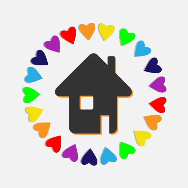 Vector illustration of House black, grey icon, circle of hearts, shape of globo planet. Rainbow colors. Concept of overall love, kindness, peace.