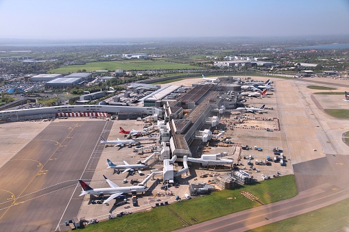 Aerial view of London Heathrow Airport, UK. Heathrow is the busiest airport in Europe. It handled 73.4 million passengers in 2014.