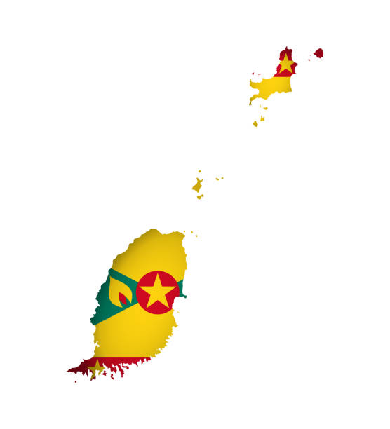 Vector isolated concept with Grenadian national flag with shape of Grenada map (simplified). Volume shadow on the map. White background Vector isolated concept with Grenadian national flag with shape of Grenada map (simplified). Volume shadow on the map. White background. grenada grenadian stock illustrations