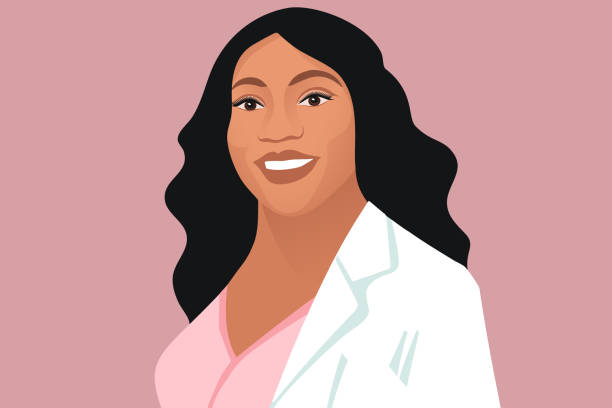 Happy & self-confident young black female doctor (vector portrait illustration) Young Black or African-American health professional wearing doctor's white coat and smiling confidently latin american and hispanic ethnicity illustrations stock illustrations