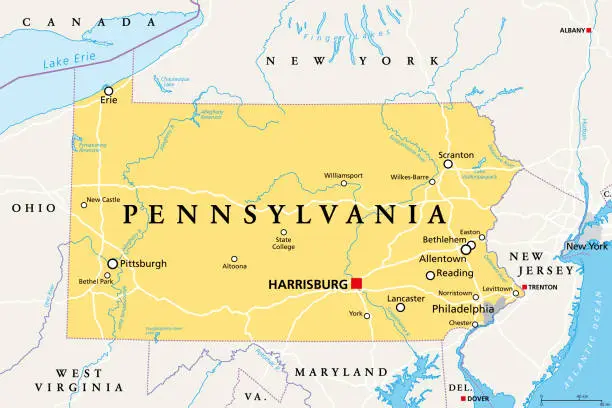 Vector illustration of Pennsylvania, PA, political map, Keystone State, Quaker State.