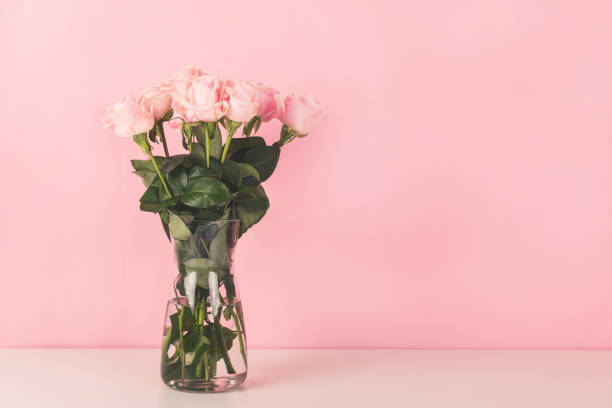 istock The vase with beautiful roses on pink background. 1279325087