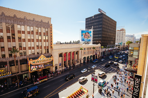Los Angeles, USA - October 22nd 2016: A view over busy Hollywood Boulevard on a summer's day from Hollywood & Highland Shopping Mall