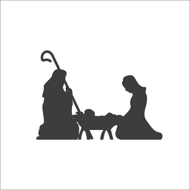 Christmas scene, Christianity birth of baby Jesus. Mary and Joseph, manger holiday silhouette. Vector illustration Christmas scene, Christianity birth of baby Jesus. Mary and Joseph, manger holiday silhouette. Vector illustration icon nativity scene stock illustrations