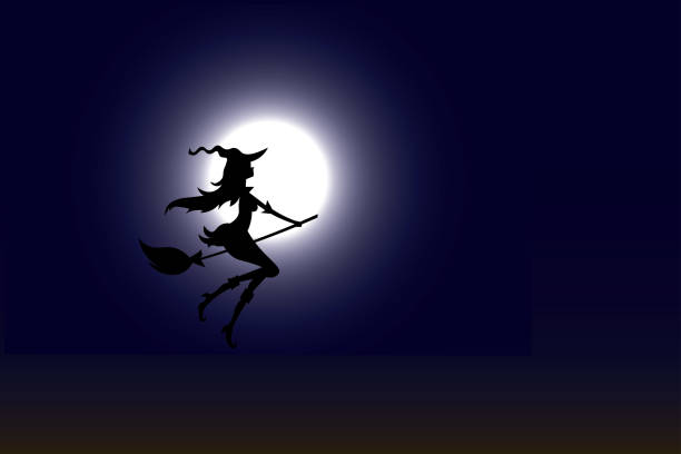 istock Halloween Fullmoon Banner, Witch, fly, tree, pumokin, bat. Holiday event halloween banner background concept. 1279327973