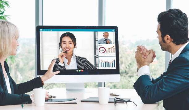 istock Video call group business people meeting on virtual workplace or remote office 1279330791