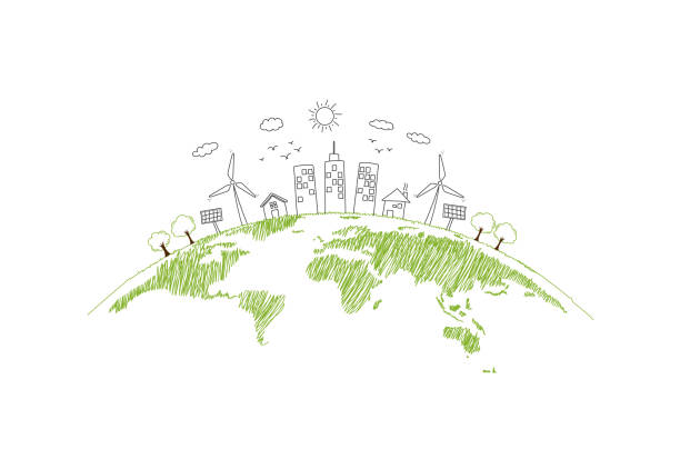 устойчивое развитие и мировая экологическая концепция с зеленым городом и экологией дружественные, векторные иллюстрации - construction business built structure earth stock illustrations