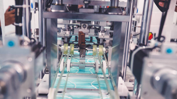 istock Face mask production line in modern factory 1279331308