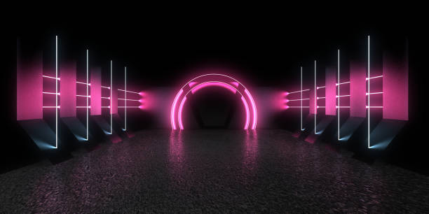 istock 3D abstract background with neon lights. space construction . 3d illustration 1279331339