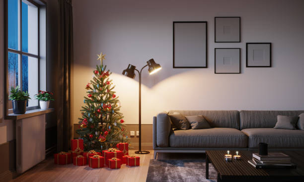 wohnzimmer zu weihnachten - stehlampe stock-fotos und bilder