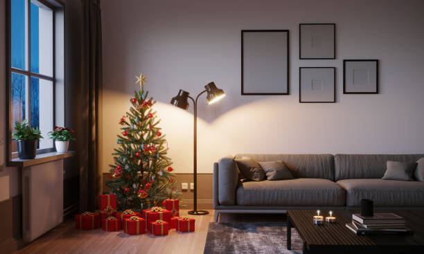 Living Room At Christmas Modern living room with christmas tree and presents, evening scene. ( 3d render) floor lamp stock pictures, royalty-free photos & images