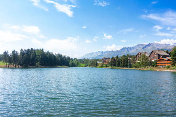 Lake moubra Switzerland Beautiful lake Moubra in Switzerland, situated in the center of the village Crans Montana, Valais crans montana stock pictures, royalty-free photos & images