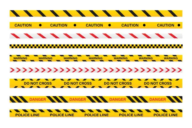 Vector illustration of Police warning tape. Danger and caution stripe. Yellow, black and red tape collection. Barrier. Do not cross line.