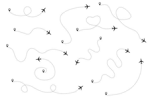 stockillustraties, clipart, cartoons en iconen met zwart vliegtuig met een gestippelde weg. toerisme en reisconcept. vliegtuigvluchten route. kaartspeld. reisbestemming - reis
