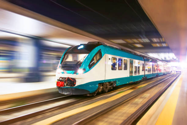istock Fast night city train with motion blur. 1279338015