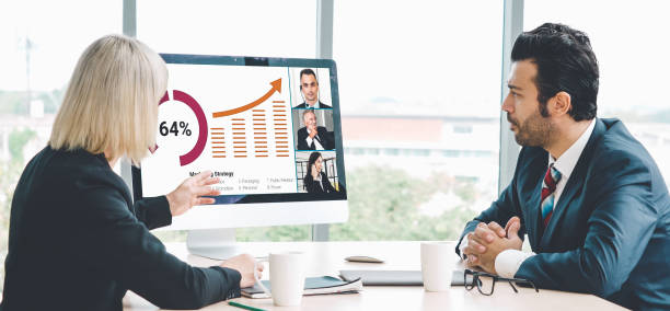 istock Video call group business people meeting on virtual workplace or remote office 1279338731