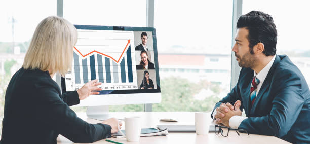 istock Video call group business people meeting on virtual workplace or remote office 1279338802