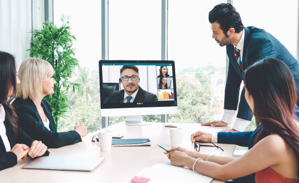 istock Video call group business people meeting on virtual workplace or remote office 1279340237