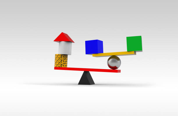 istock Thin structures and building blocks representing equilibrium with a steal ball as a counterweight, with graphical patterns and simple geometric shapes. 9 geometric elements construction. 1279340300
