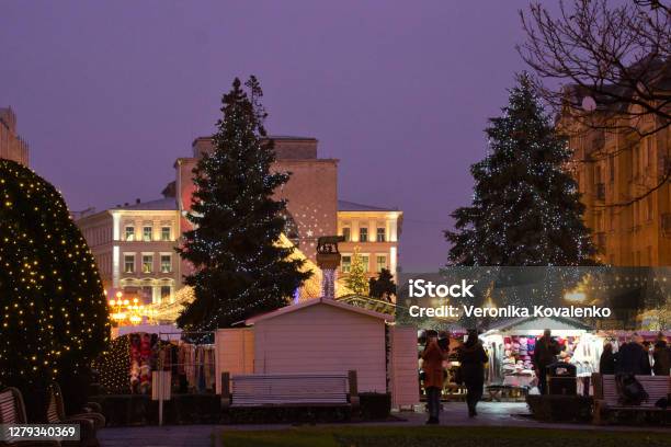 Festive Night City Lights On Advent Fair Stock Photo - Download Image Now - Advent, Architecture, Beauty