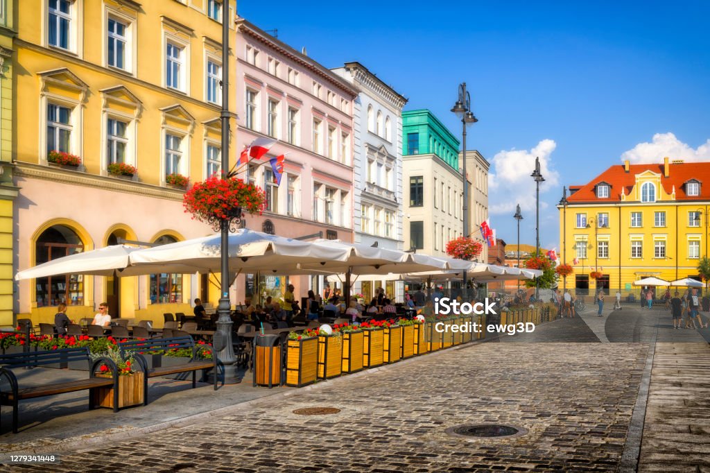 Vacations in Poland - Old Town square in Bydgoszcz Beer Garden Stock Photo