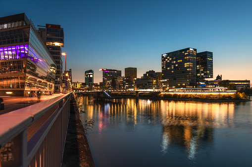 panoramic view on media harbour in Dusseldorf at blue hour