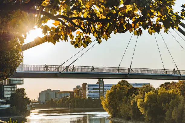 Photo of silhouettes on bridge over Rhine river in Düsseldorf in early fall season