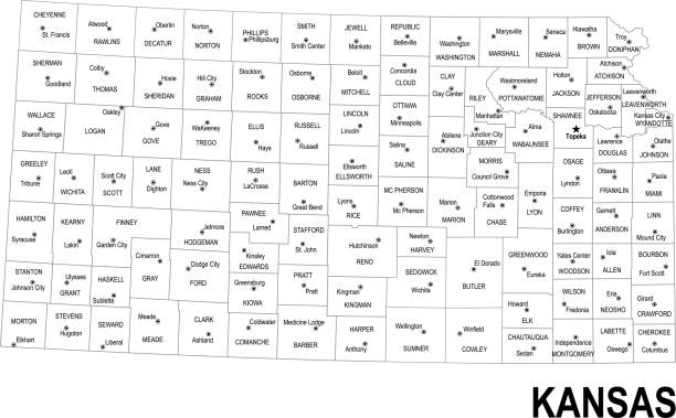 ilustraciones, imágenes clip art, dibujos animados e iconos de stock de mapa de esquema de kansas - kansas map design state
