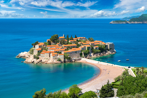 Sveti Stefan island in Budva in a beautiful summer day, Montenegro