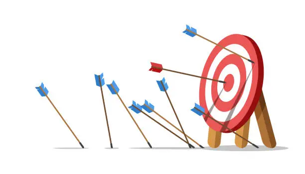 Vector illustration of Lots arrows missed hitting target mark and only one hits the center.